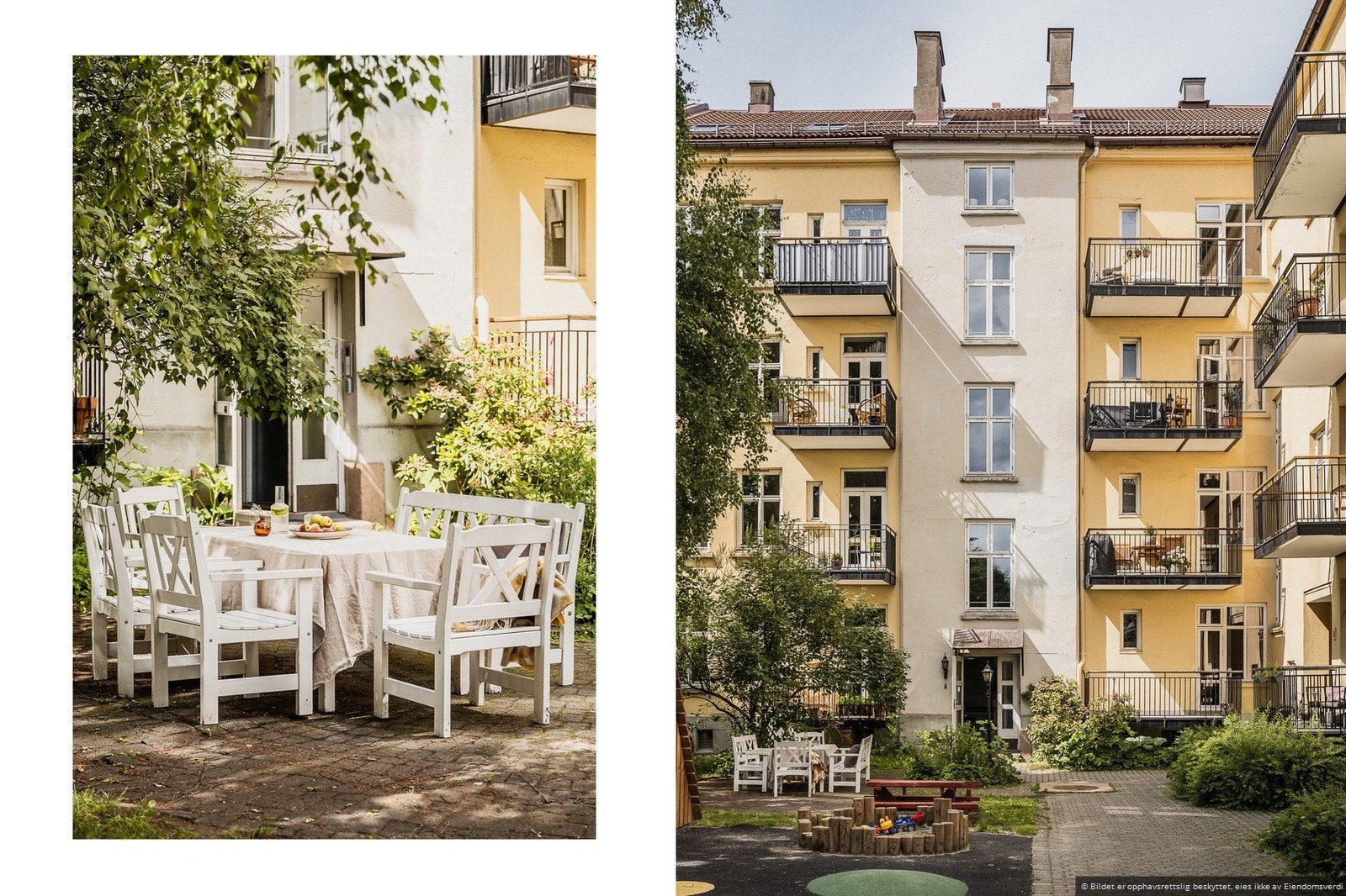 Bakgården slik den fremstår på sommertid ? et frodig og barnevennlig fellesareal med hyggelige sitteplasser og lekeområde. Vær oppmerksom på at fasaden siden den gang har blitt malt i en annen farge. Galleribilde