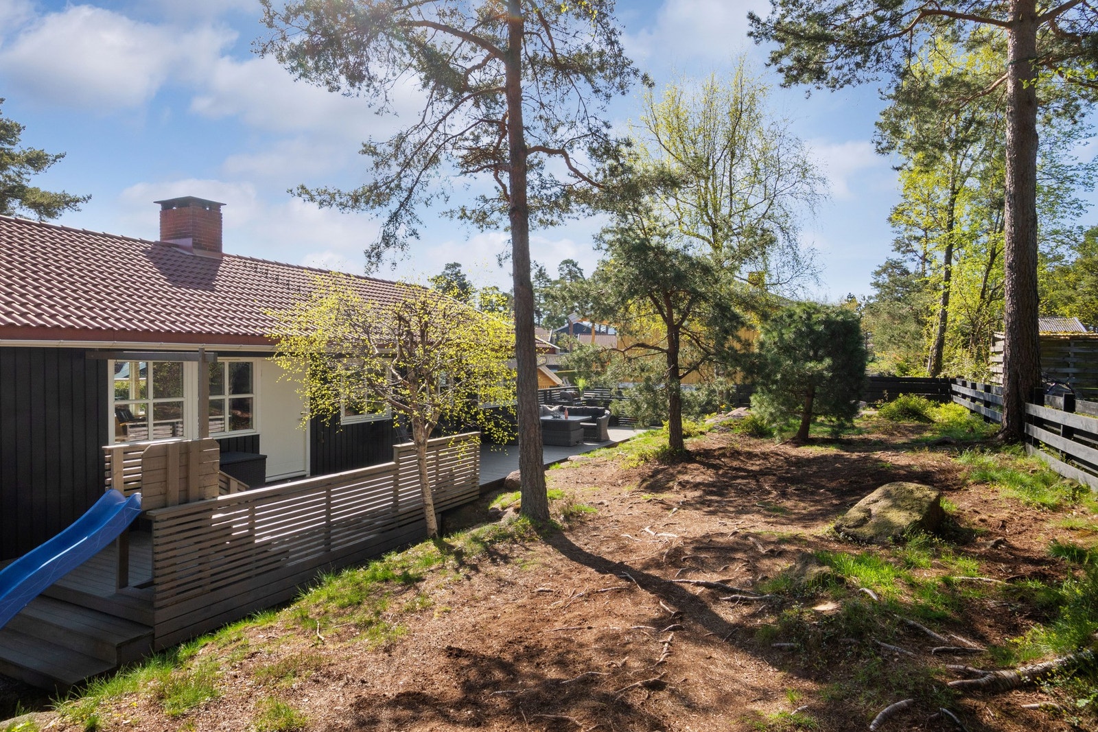 Øvre del av eiendommen består av en naturtomt med gress, trær og annen stedlig vegetasjon. Galleribilde