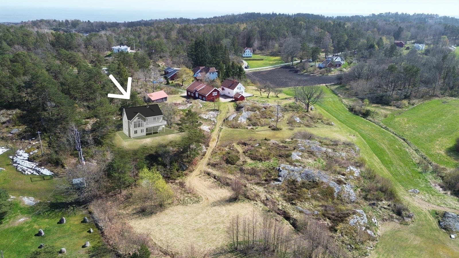 Oversiktsbilde med fotomontasje av fasade på den "nye "eneboligen Galleribilde