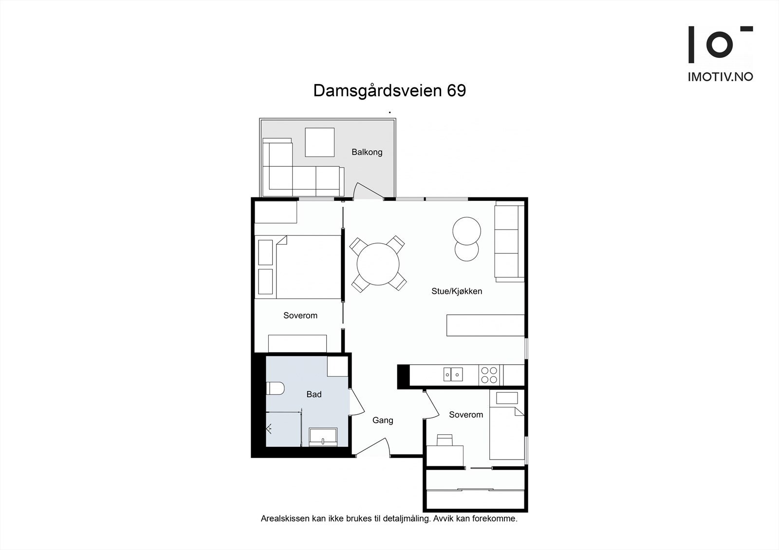 Plantegning - Gjennomtenkt og svært arealeffektiv planløsning på ca. 56 kvm. Boligen inneholder entré, delikat bad, to soverom, walk-in closet, samt en åpen kjøkken- og stueløsning. Galleribilde