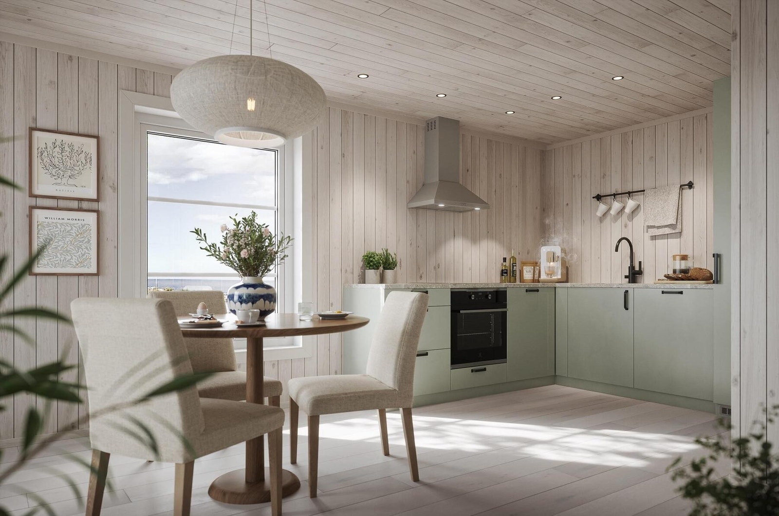 Illustrasjon kjøkken i MER. Her med lyse og lette farger Galleribilde