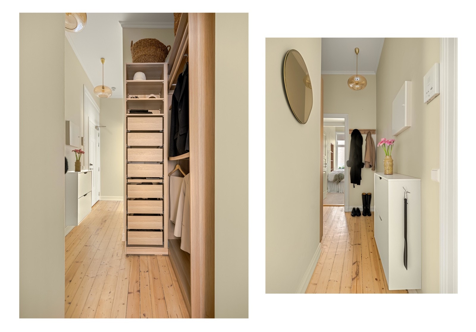 Nå skal vi til soverommet og på veien kan vi se entreen. Her er det bra med plass til lagring av både yttertøy og sko, samt plass til garderobeskap. Galleribilde