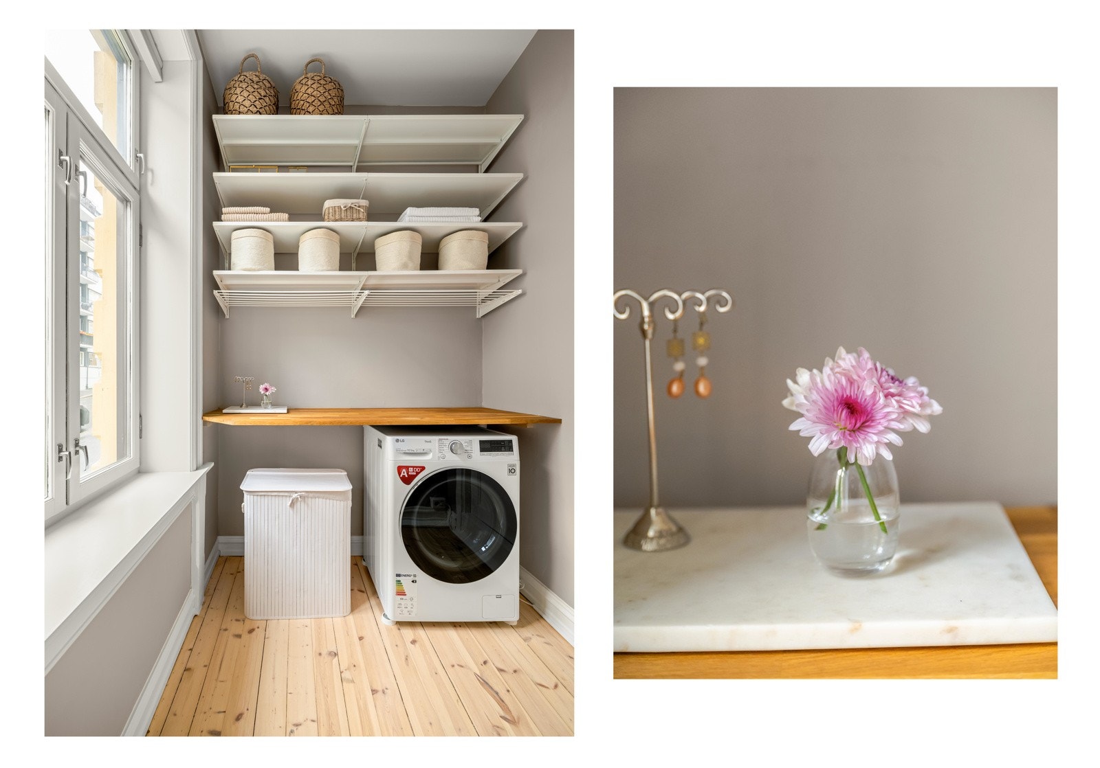 På motsatt side av leiligheten, med inngang fra kjøkkenet, finner vi det som i dag benyttes som vaskerom. Ja, du får faktisk et eget vaskerom! Galleribilde