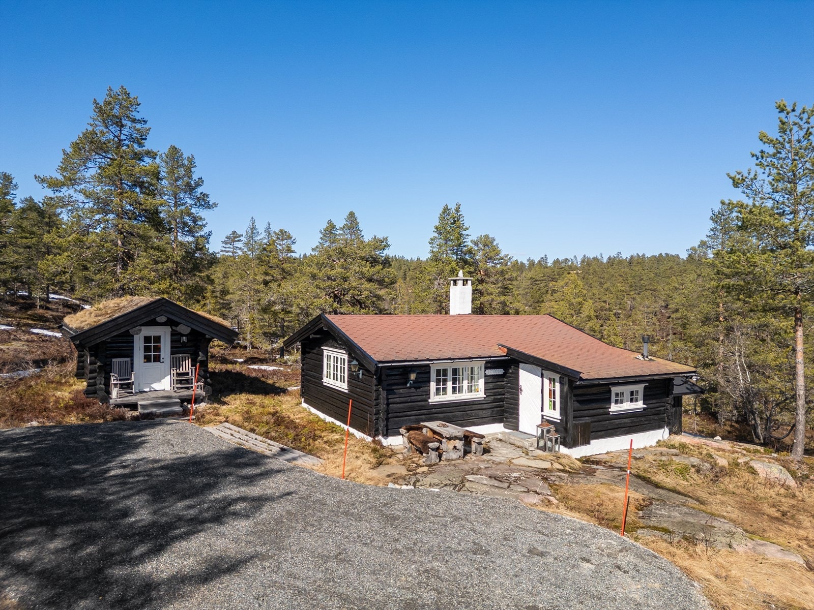 Det er god plass til parkering i egen gårdsplass. Bilveien er nylig anlagt helt frem til hytta. Galleribilde