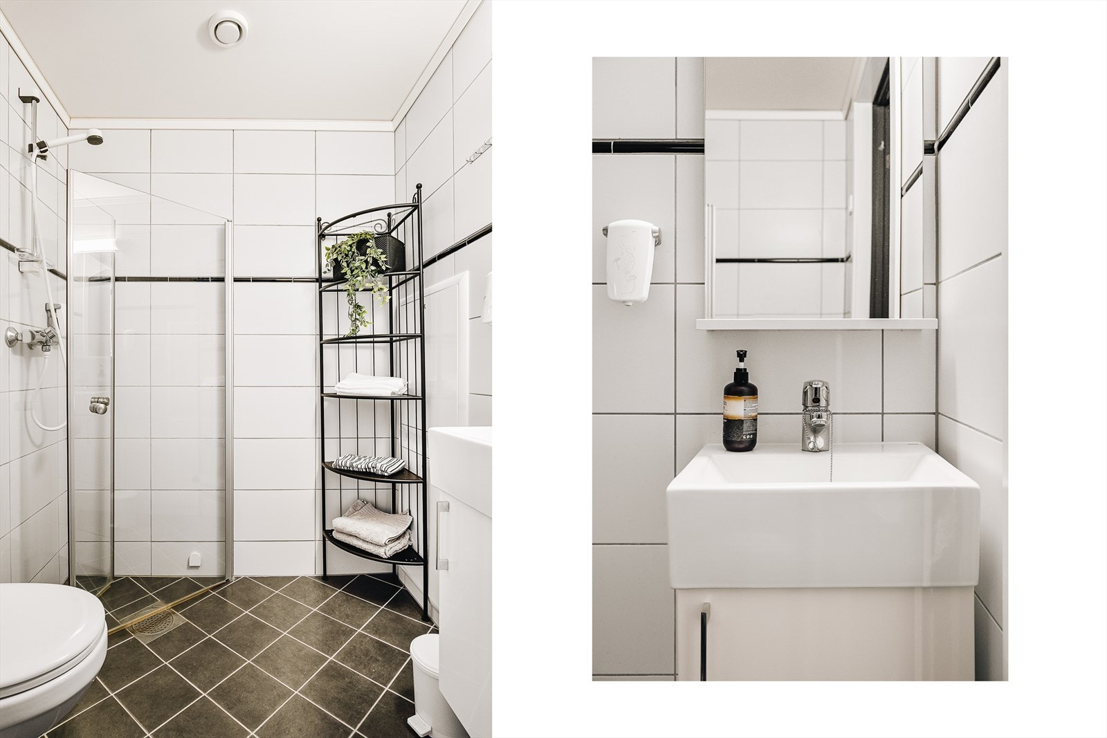 Pent helfliset bad med vegghengt toalett, servant i møbel og innfellbare dusjdører. Det er felles vaskerom på bygget. Galleribilde