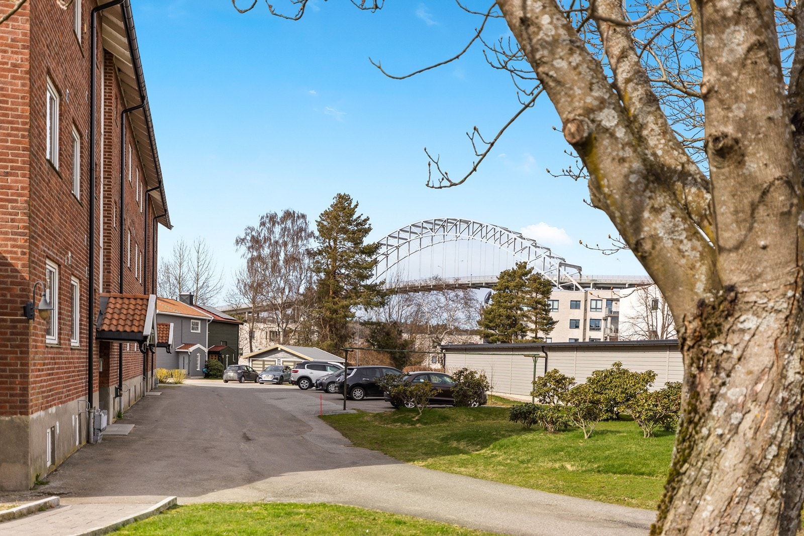 Oppmerkede parkeringsplasser ved inngangspartiet. Galleribilde