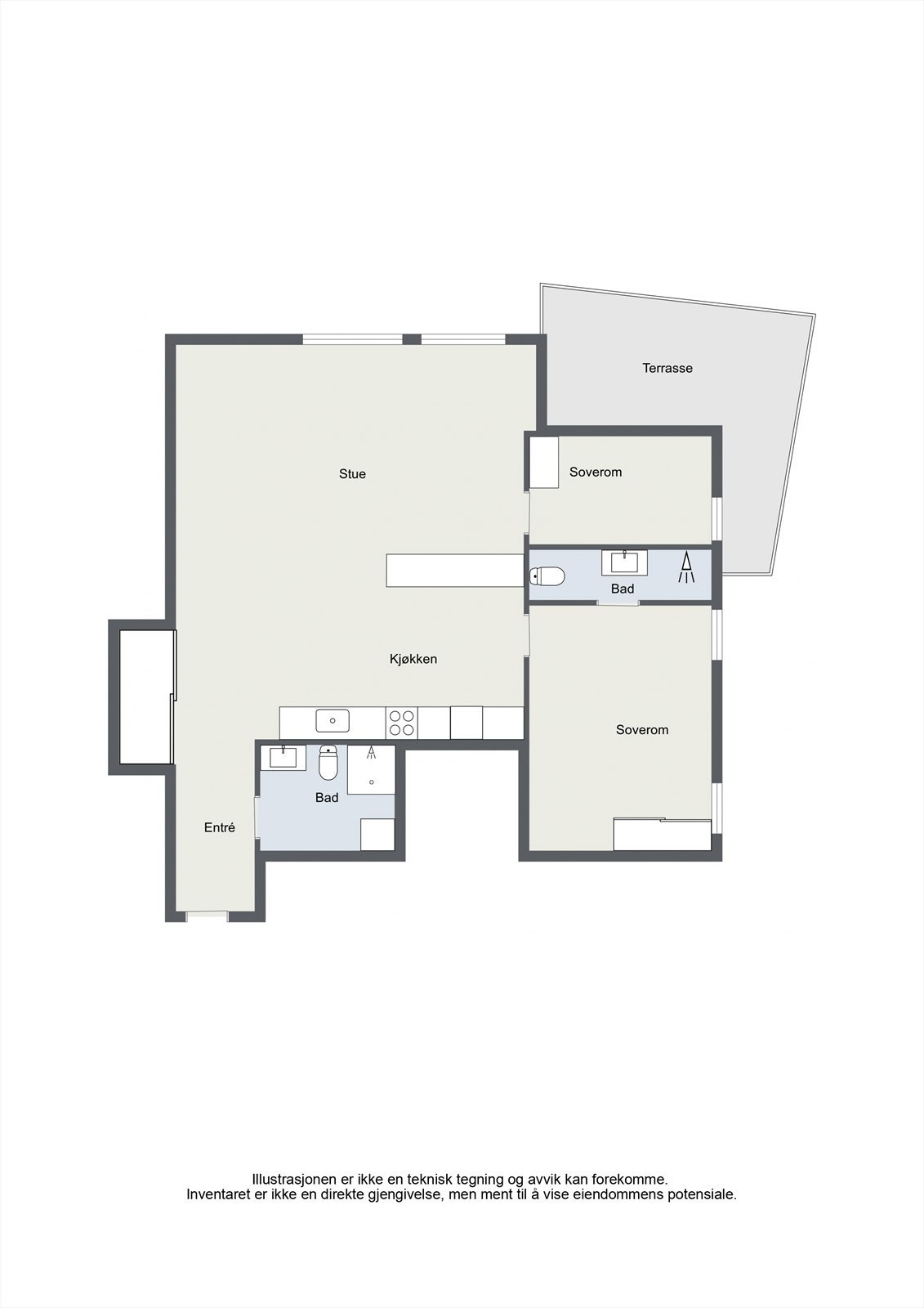 Leiligheten har en god planløsning med bl.a. 2 soverom, 2 bad og stor stue og kjøkkenløsning. Galleribilde