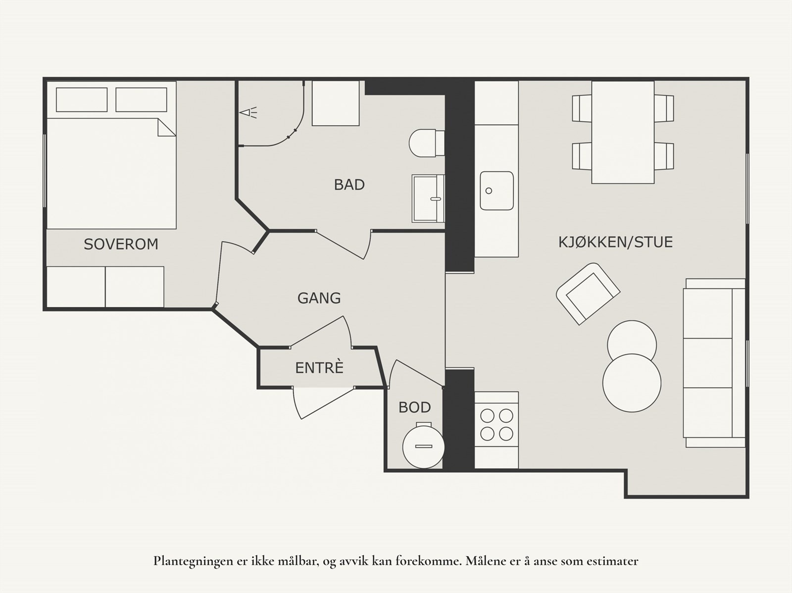 - Plantegning, i tillegg disponerer leiligheten en ekstern bod på 3,7 m² i samme etasje- Galleribilde
