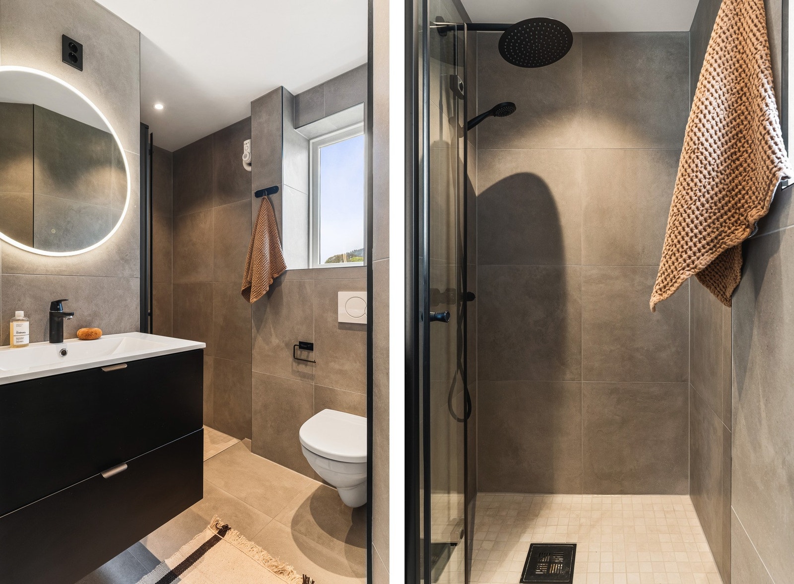 Badet er innredet med vegghengt toalett, baderomsinnredning og dusj med glassvegg. Galleribilde