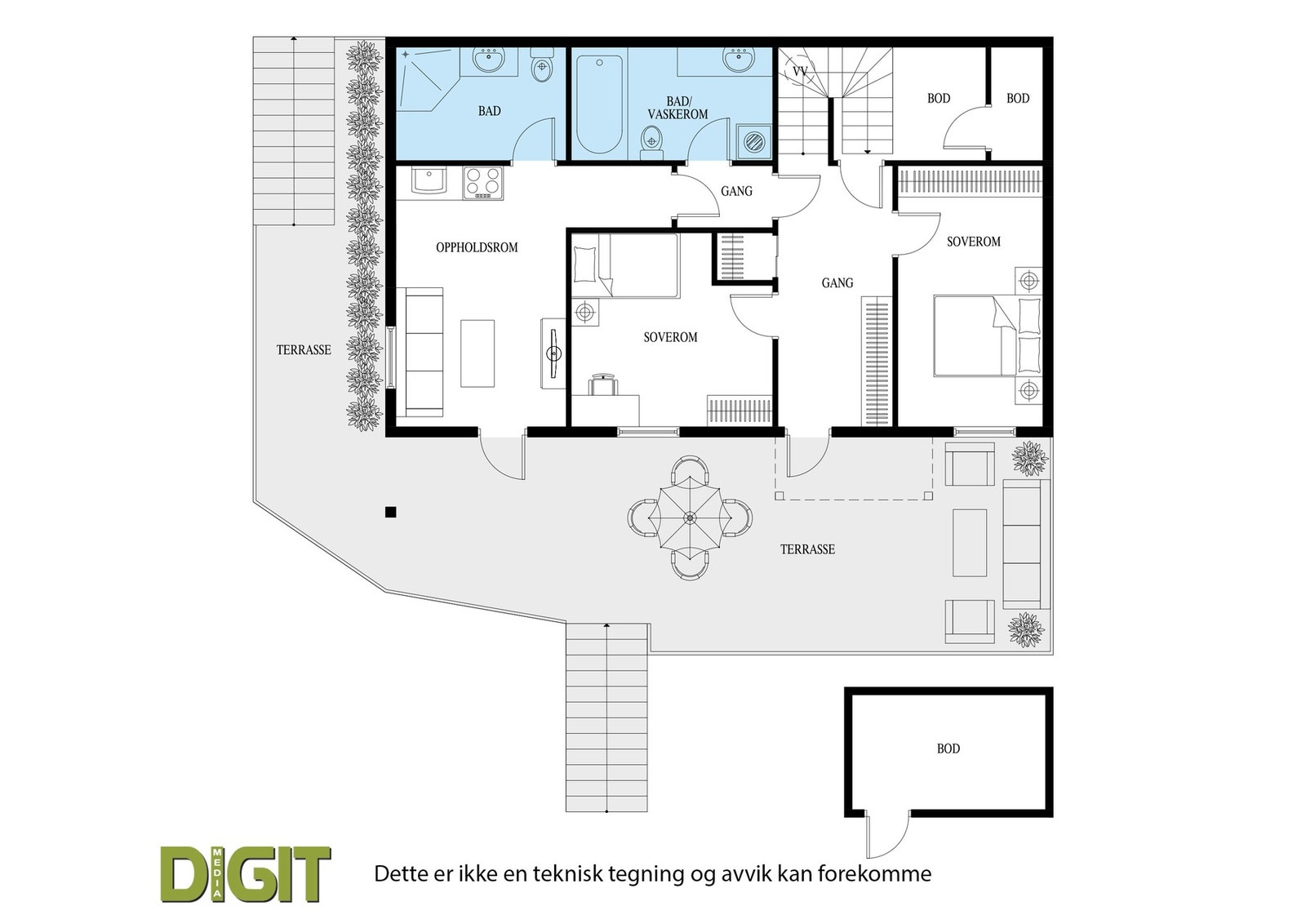 Alternativ plantegning av 1. etasje med hybel. Galleribilde