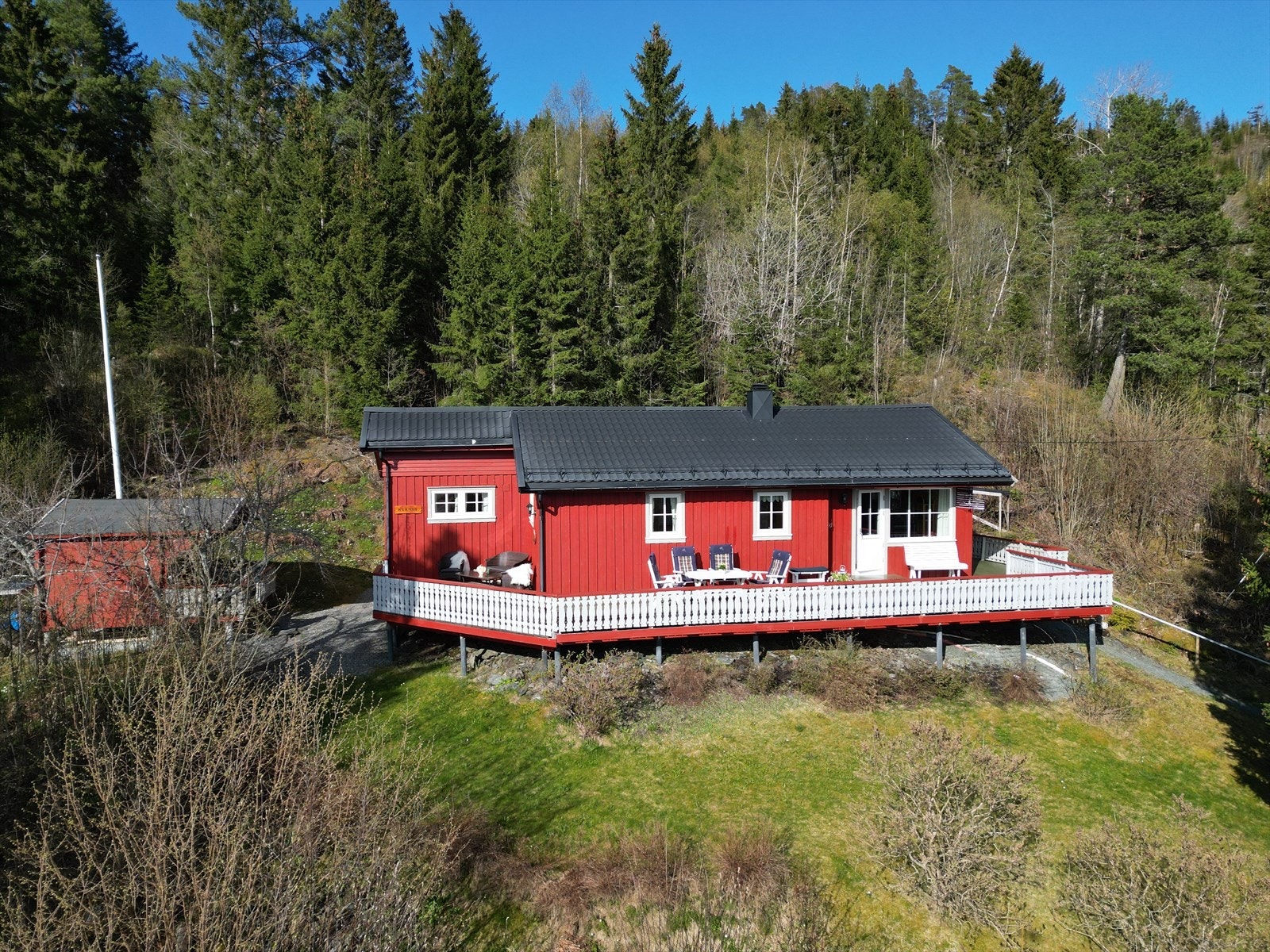Hytta har en pent opparbeidet tomt på hele 891 m². Det er romslig parkering ved hytta. Galleribilde