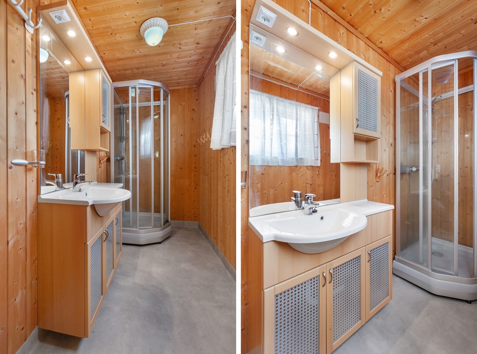 Hytta har et romslig bad utstyrt med dusjkabinett og servantskap. Galleribilde