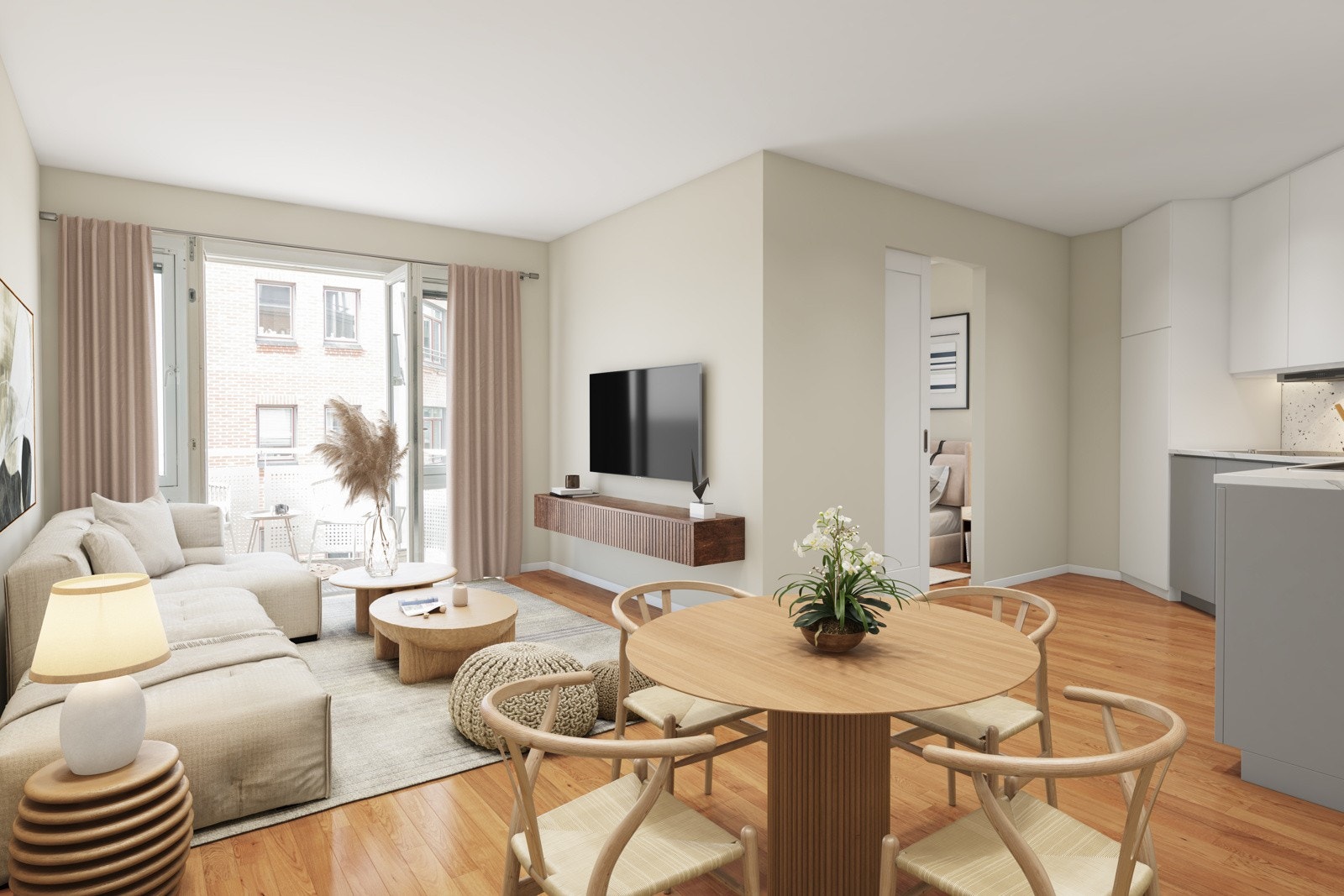 ILLUSTRASJONSBILDE - Boligen kan enkelt suppleres med et soverom der spisestuen finner rom per d.d. NB! Bildet er kun en illustrasjon som viser mulighetene for et ekstra soverom samt åpen stue/kjøkkenløsning. Galleribilde