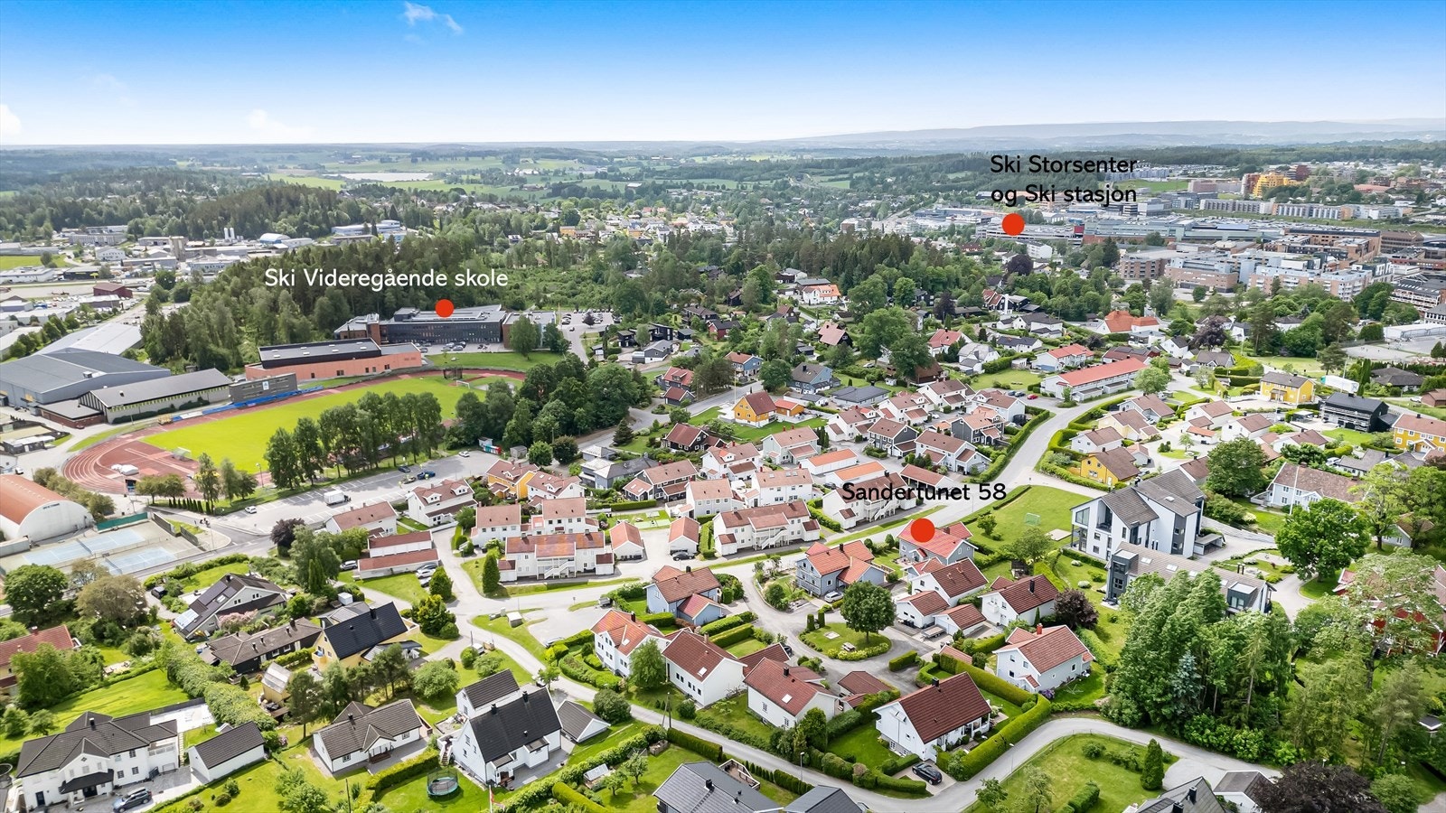 Dronefoto av nærområdet. Her er det kort vei til det aller meste! Galleribilde