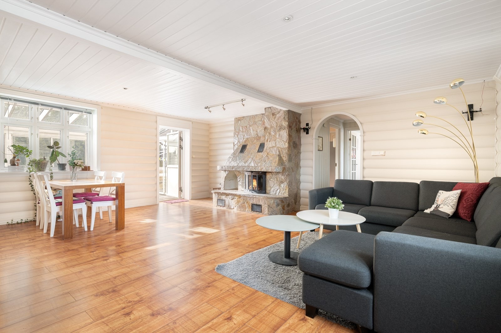 Stuen er lys og romslig, og har peis med innsats. Det er også en vedovn i kjelleretasjen. Galleribilde