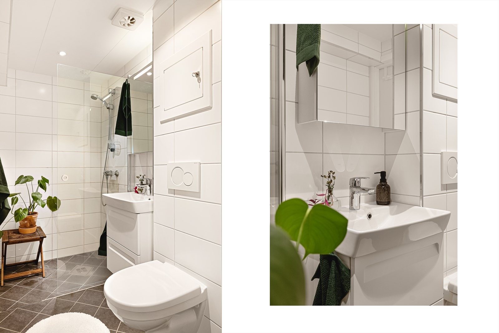 Helfliset bad på 2,7 kvm, renovert i 2015 av Unik/Rørleggeriet AS gjennom borettslaget, med varmekabler og spotlights i himling. Inneholder: ny servant fra 2025, vegghengt toalett, dusjløsning med innfellbare glassdører og opplegg for vaskemaskin. Galleribilde