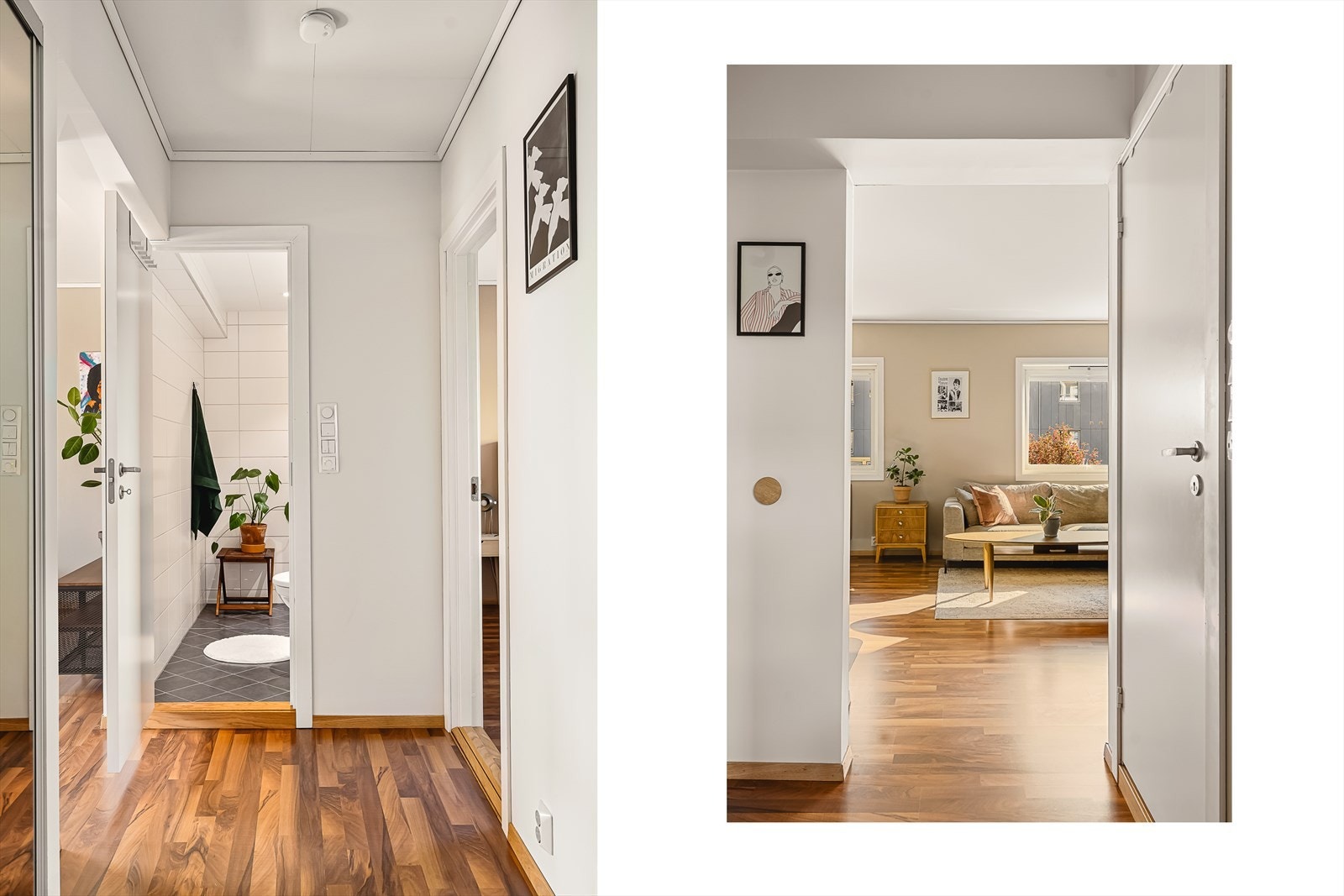 Lys og praktisk entré på ca. 5 kvm, med skyvedørsgarderobe fra 2011 som sikrer god lagringsplass. Galleribilde