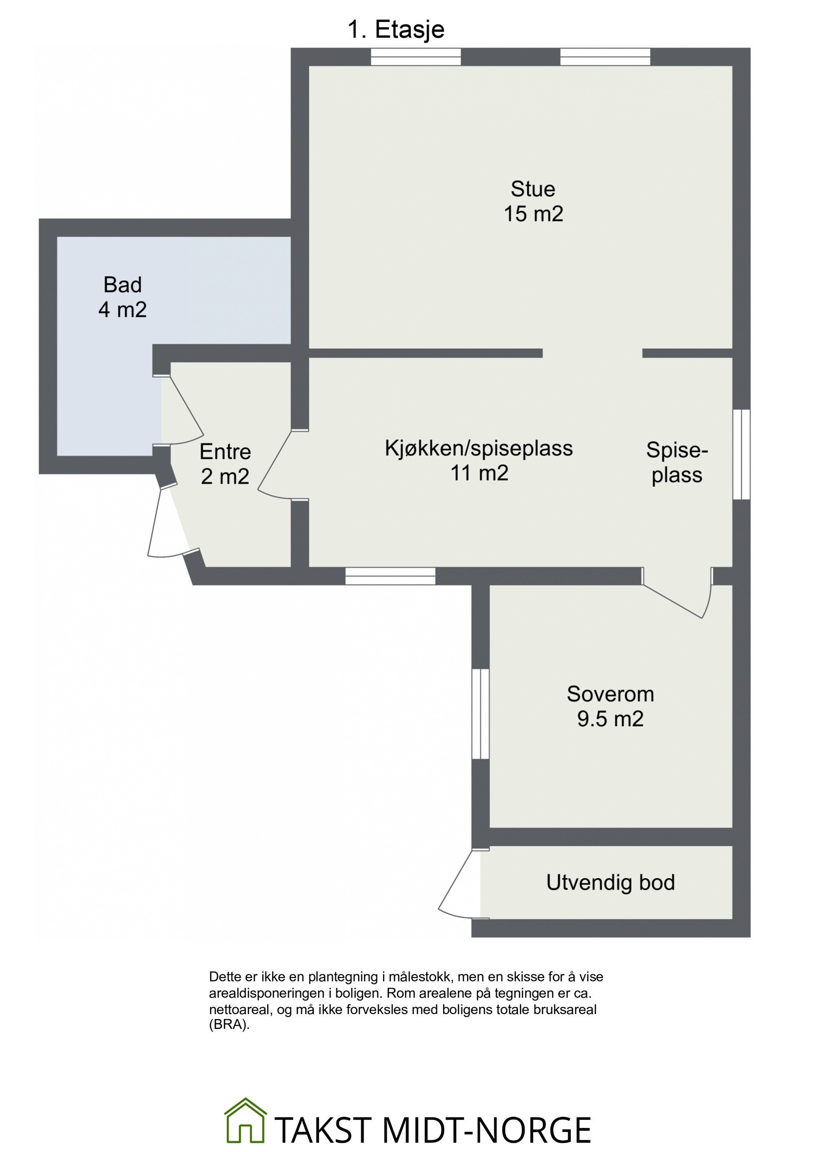 Planskisse 1. etasje. Øvrig: Ekstern bod på ca. 4 kvm følger seksjonen. Galleribilde