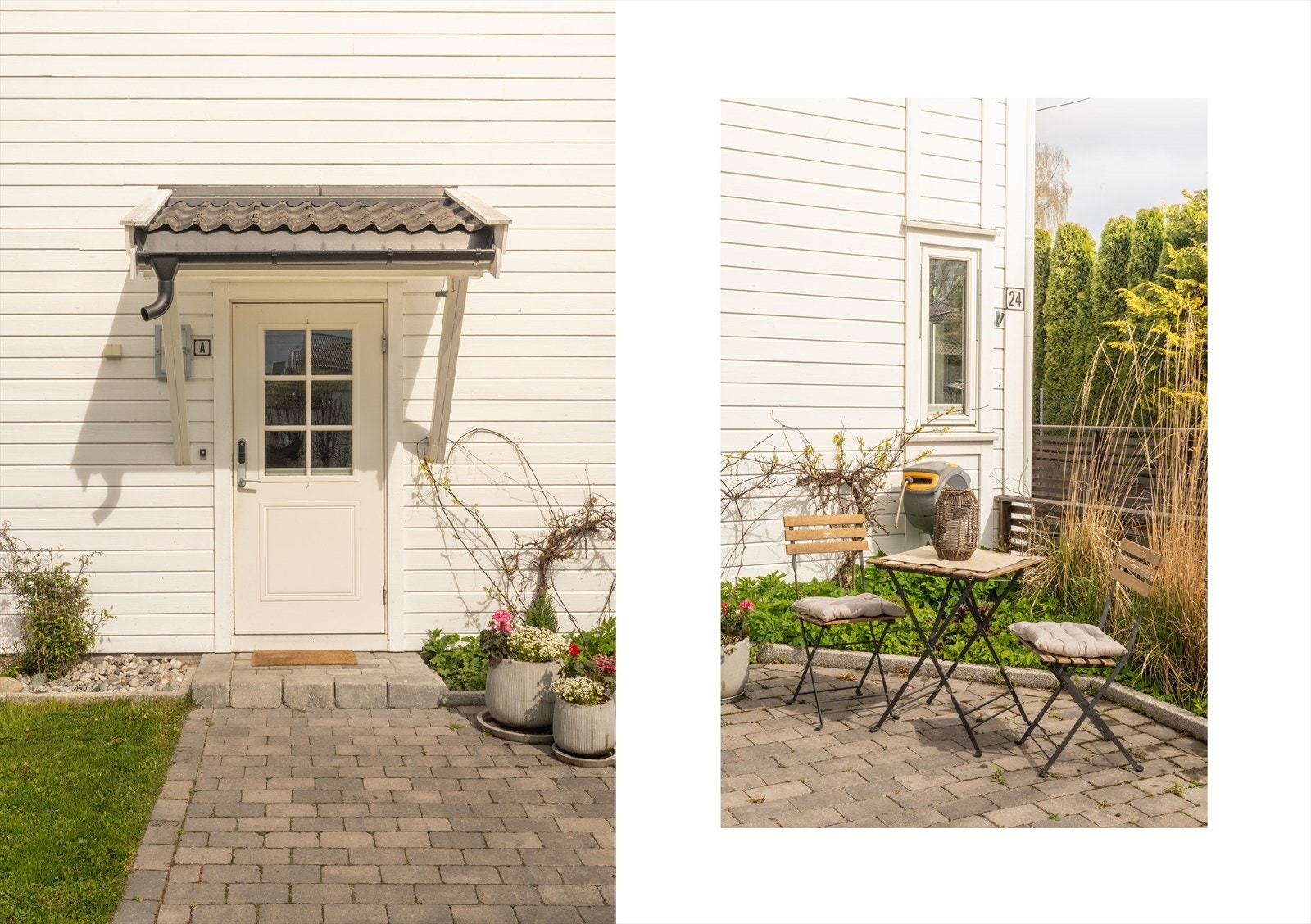 Variert beplatning av syrin, dustskjærsmin (som blomstrer nydelig utenfor stuevinduet i juni), prydgress, clematis, hekk av bøk og vinterliguster Galleribilde