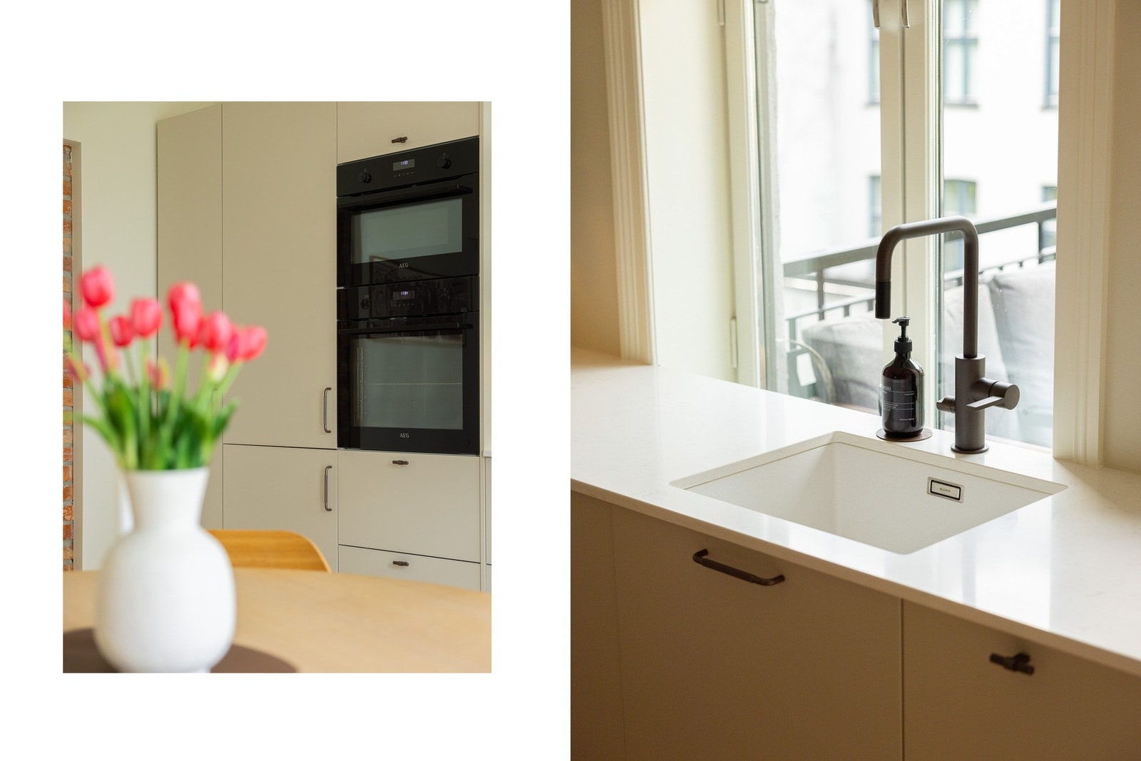 Underlimt kum fra Blanco og armatur fra Tapwell i bronze som matcher knotter og håndtak på kjøkkeninnredningen. Galleribilde