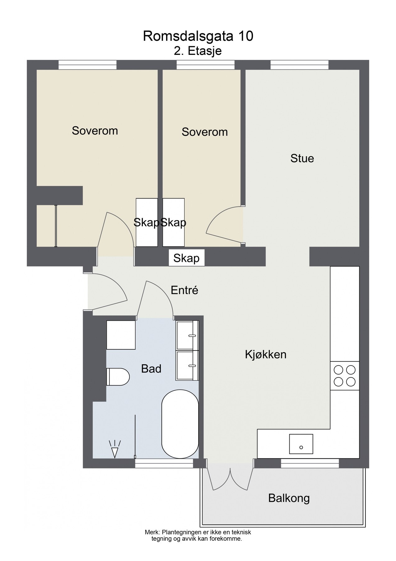 Gjennomgående planløsning med vestvendt balkong, to stuer, to soverom, entré og stort, utvidet baderom. Galleribilde
