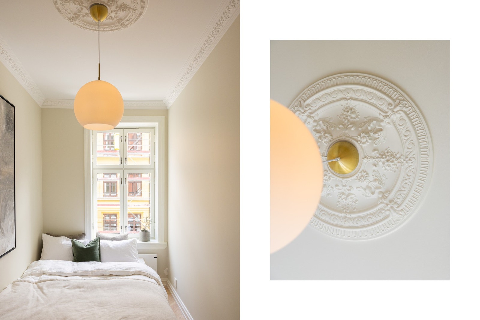 Også her er det vakre detaljer som stukkatur og rosett. Den generøse takhøyden gjør at alle rom oppleves lyse og luftige. Galleribilde