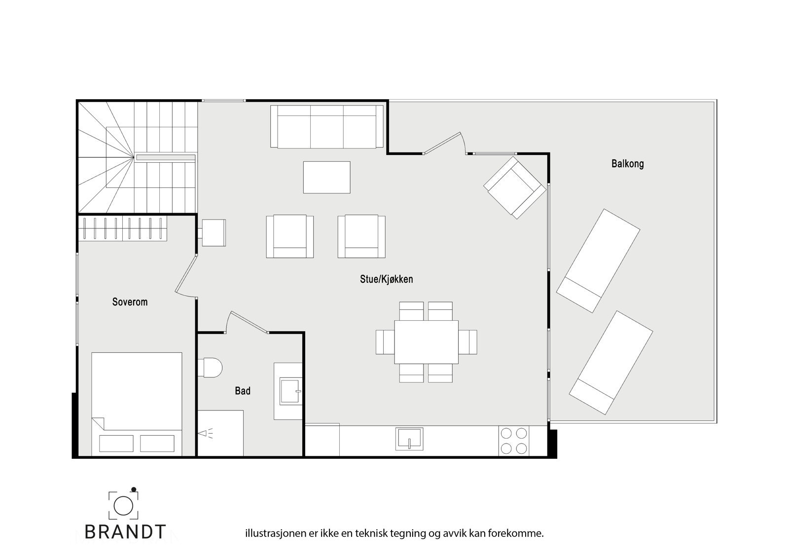 Plantegning over 2. etasje hvor det er stue/kjøkken, soverom og bad Galleribilde