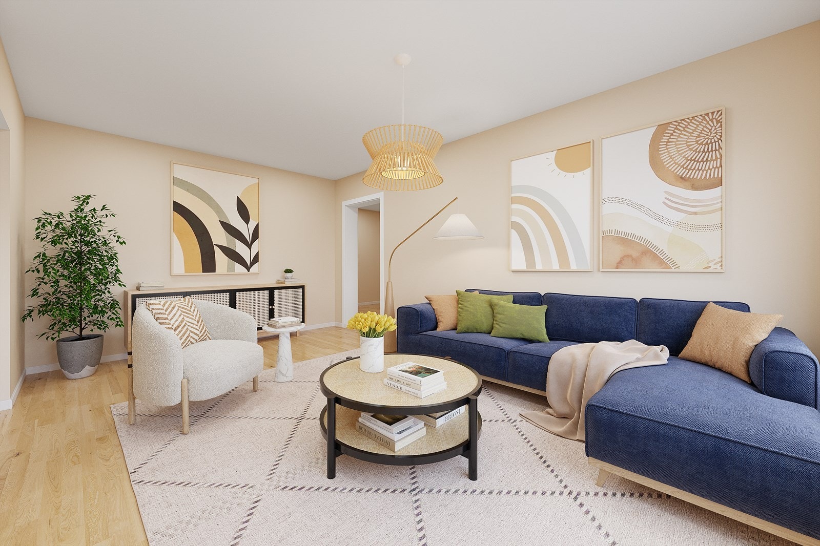 Digital styling av stue, bildet er kun en illustrasjon. Galleribilde