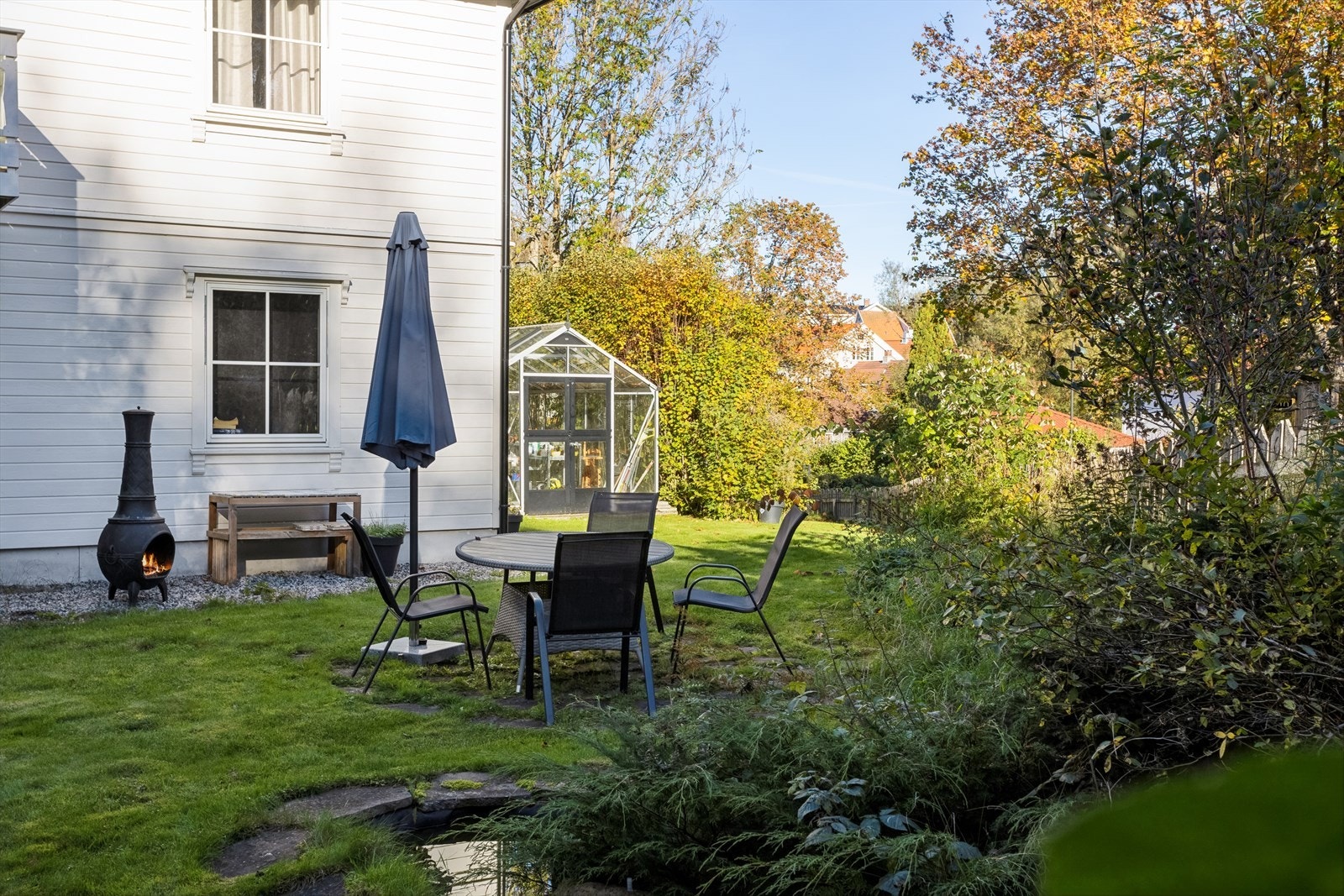 Opparbeidet med noe gressplen og beplantning. Boligen har adkomst fra gruset gårdsplass med gode parkeringsmuligheter. Galleribilde