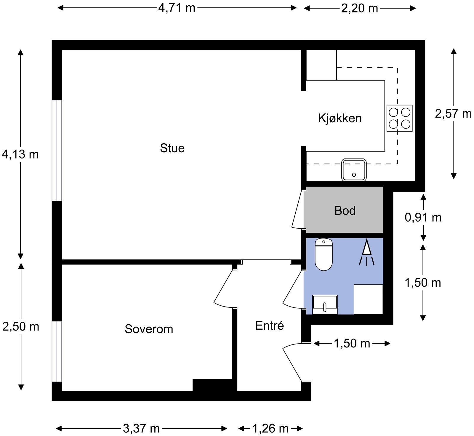 Leiligheten ligger i byggets 2. etasje og inneholder entré, bad, bod, soverom, og stue/kjøkken. I tillegg disponerer leiligheten en loftsbod på 1,5 m², og en kjellerbod på 5 m². Galleribilde