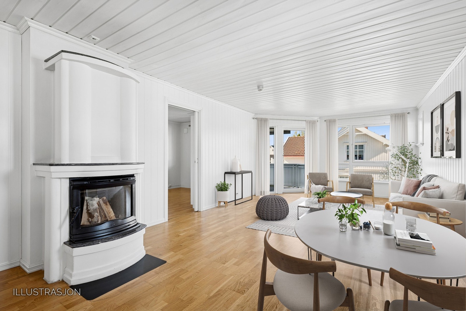 Utgang til solrik veranda fra stuen! - Illustrasjon med møbler. Galleribilde