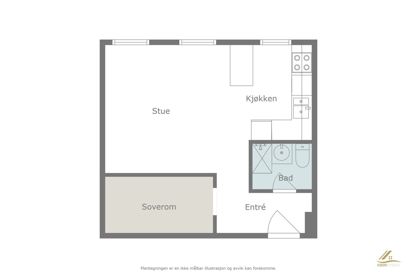 Planskisse. Det er 3 vinduer og flere alternativer for å bygge om leiligheten til 2-roms. Galleribilde