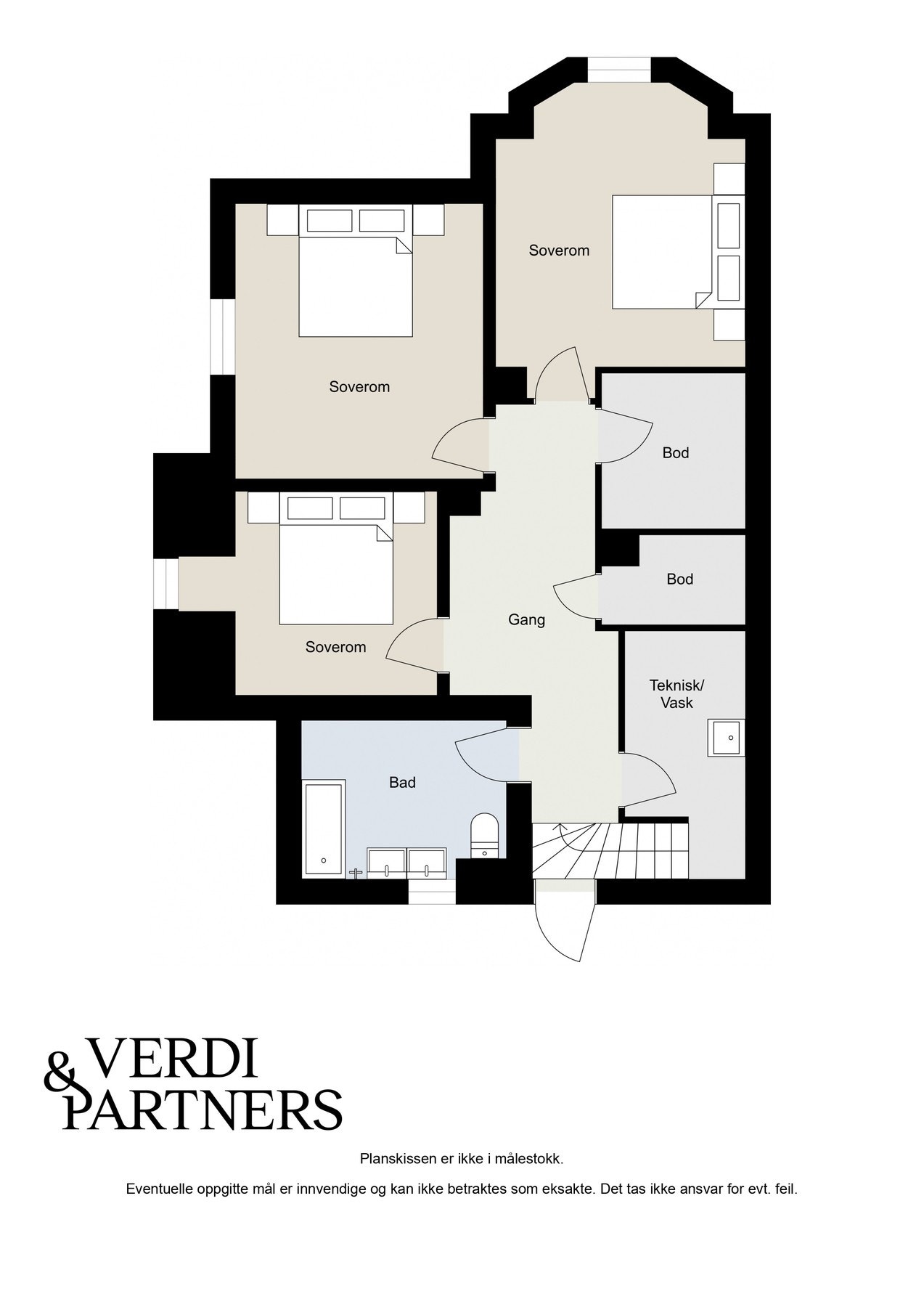 Det eksisterer ikke byggetegninger av kjelleretasjen. Bad og soverom i etasjen er antatt ikke godkjente som rom for varig opphold. Galleribilde