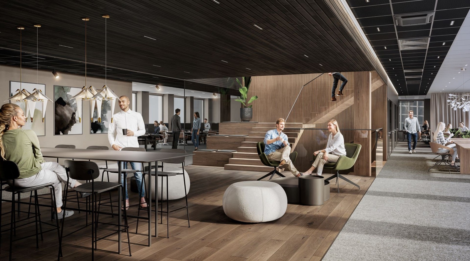 Kontoretasje vist med interntrapp mellom etasjene. Galleribilde