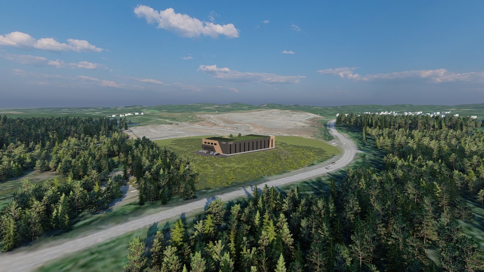 Oversiktskart med forslag til bygg. Legg merke til svært god eksponering mot Fylkesvei 42. Galleribilde