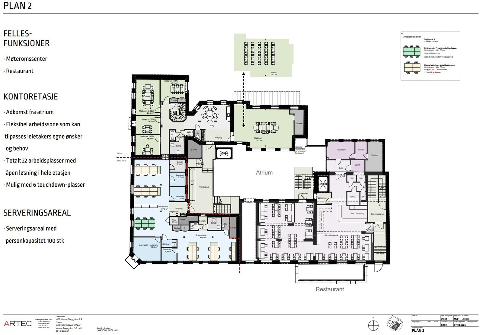 Plan 2- En moderne og fleksibel etasje som kombinerer kontorplasser, møteromsfasiliteter Her kommer møteromsenter med 5 flotte møterom og husrestaurant. Galleribilde