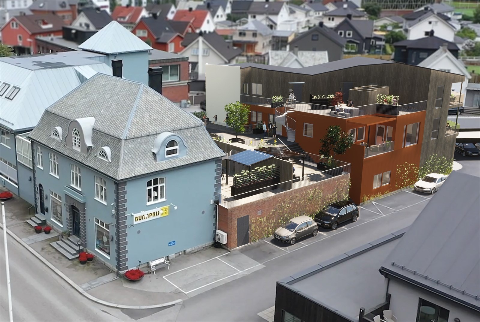 Eigedomen har rammeløyve til utviding av næringsareal og leilegheiter. Teikningar utarbeida av Arkitektkontoret 4B i Sogndal. Galleribilde