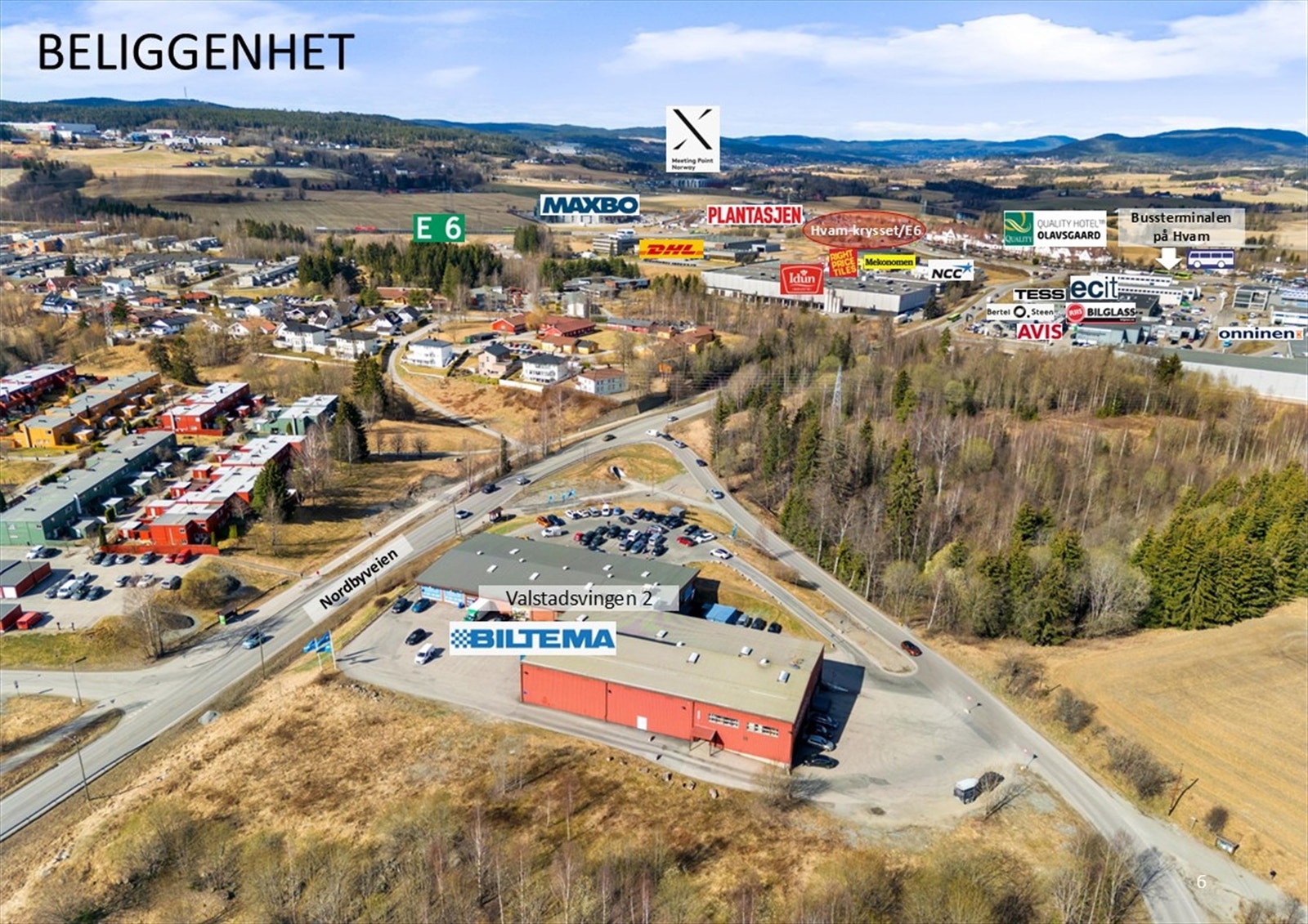 Eiendommen er beliggende inntil Hvam-området, som er et betydelig næringsområde med
en rekke etablerte bedrifter, spesielt innen handel, bilindustri og logistikk. Kort vei til av-/påkjøring E6. Galleribilde