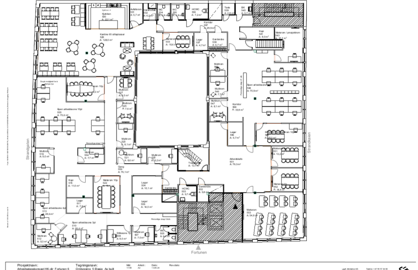 Plantegning 5. etg. BTA ca. 1200 m². Inndelingen vist på tegning kan avvike noe.
