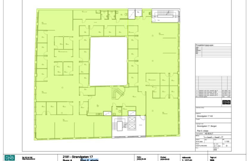 Plantegning 6. etg. BTA ca. 1200 m². Inndelingen vist på tegning kan avvike noe.