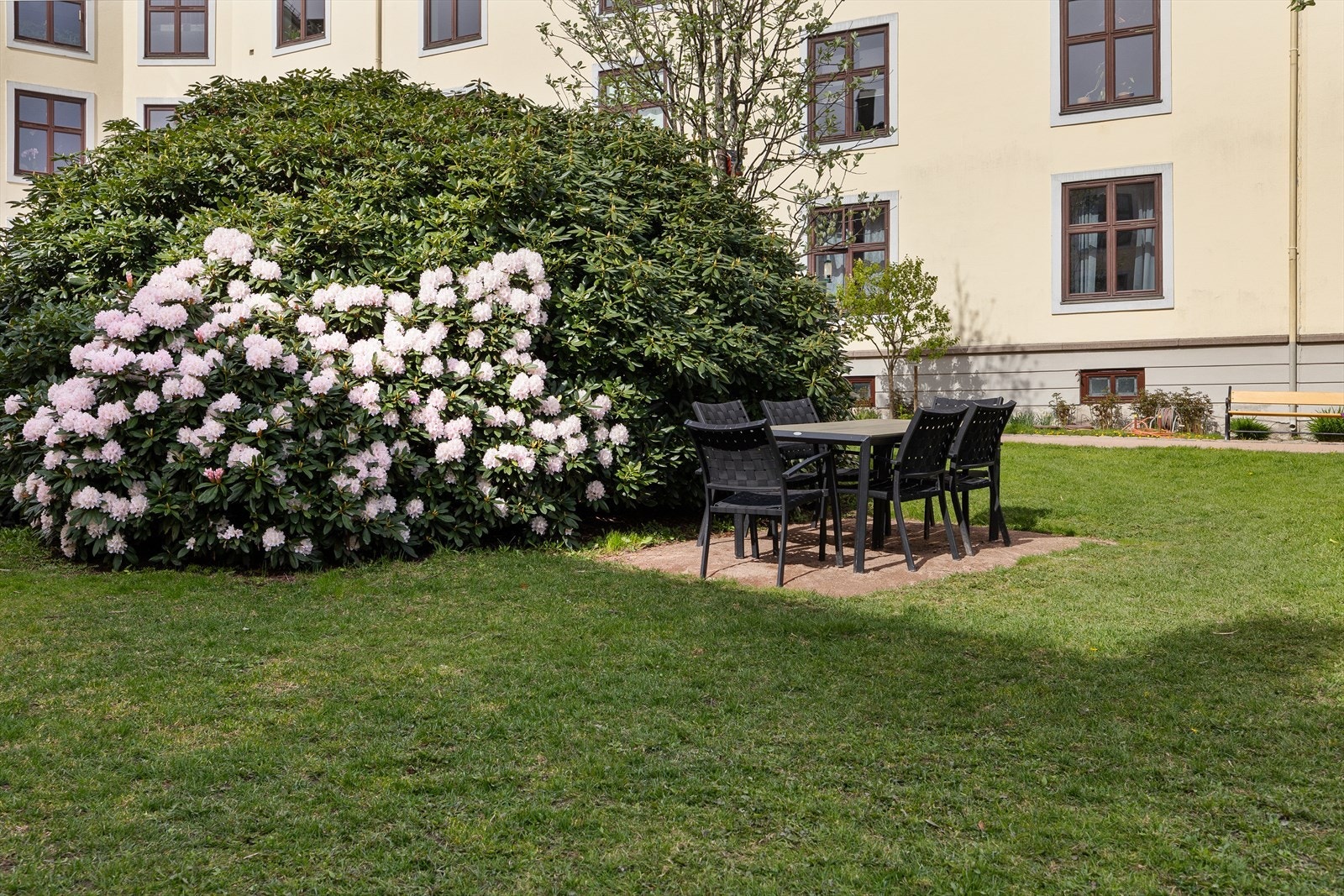 Bakgården er pent opparbeidet. Gruslagte internveier og en stor gressplen med frukttrær, blomster og annen flott beplantning. Galleribilde