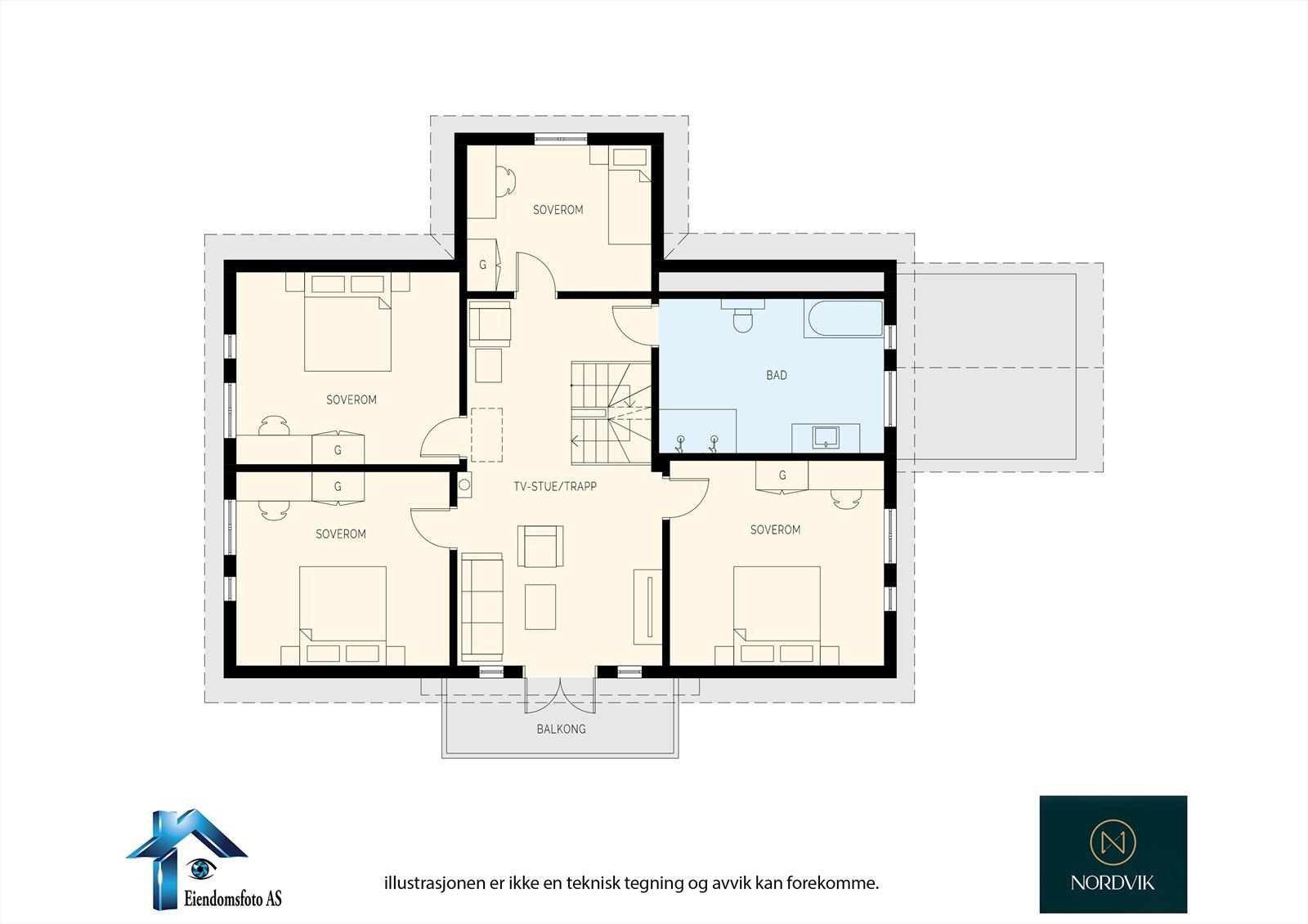 Om man ønsker, kan man alternativt omgjøre foreldreavdelingen til stue og to separate soverom Galleribilde