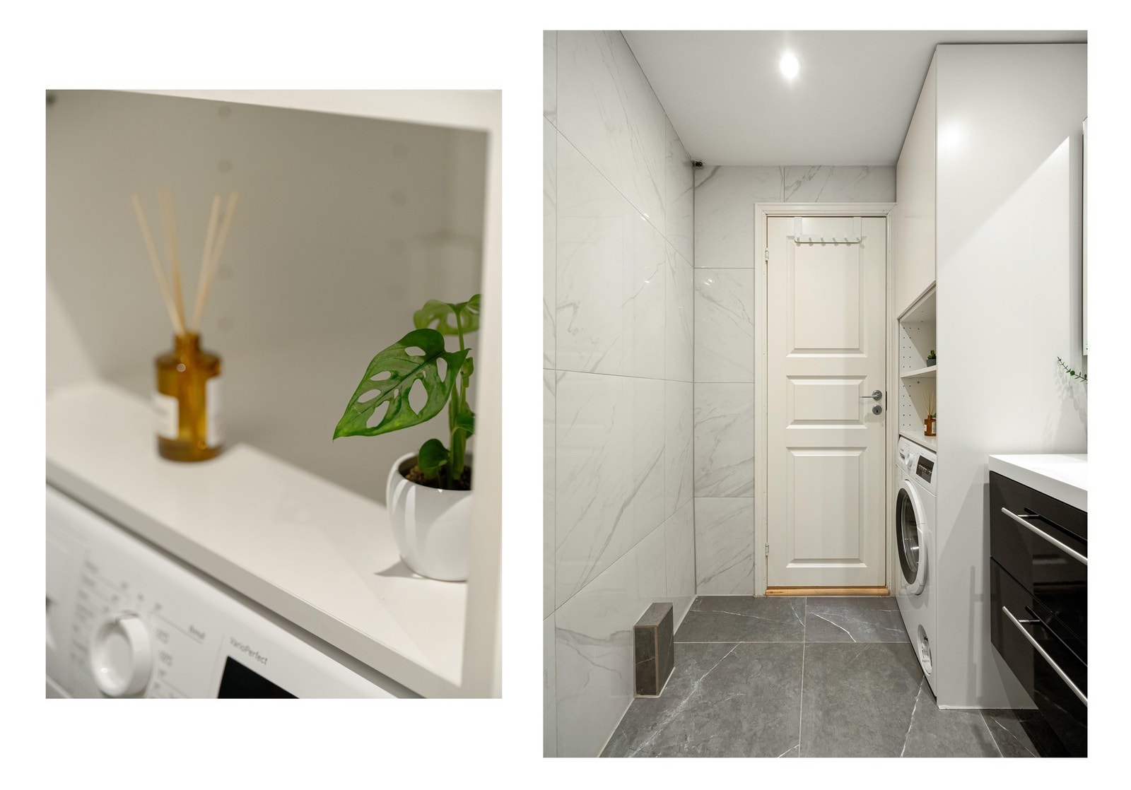 Plass og opplegg til vaskemaskin som medfølger. Gode lagringsmuligheter i skap. Galleribilde