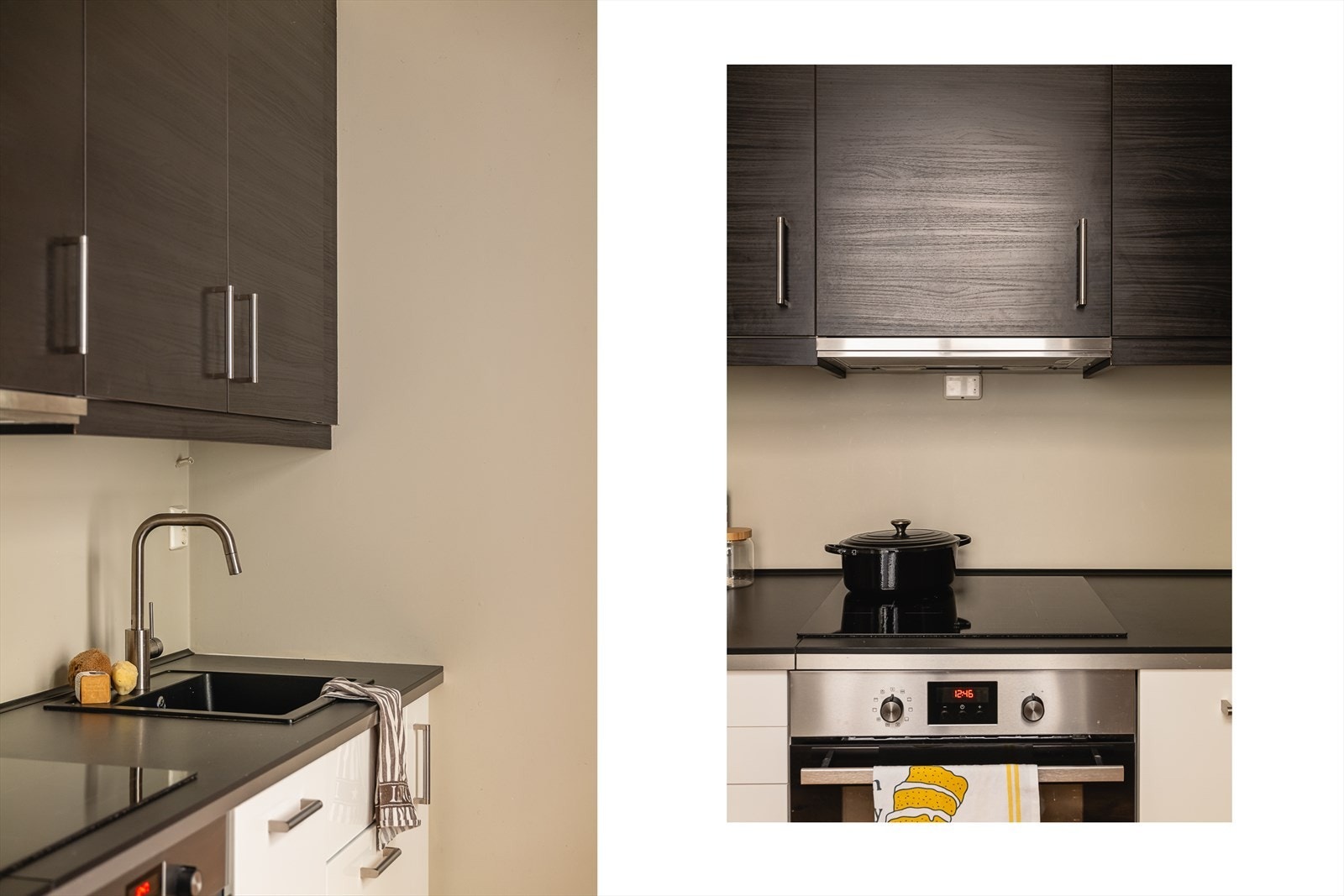 - Kjøkkenet er innredet med laminat benkeplate med nedfelt kum i rustfritt stål, innebygget oppvaskmaskin, komfyr med komfyrvakt, frittstående kjøleskap og kjøkkenvifte - Galleribilde