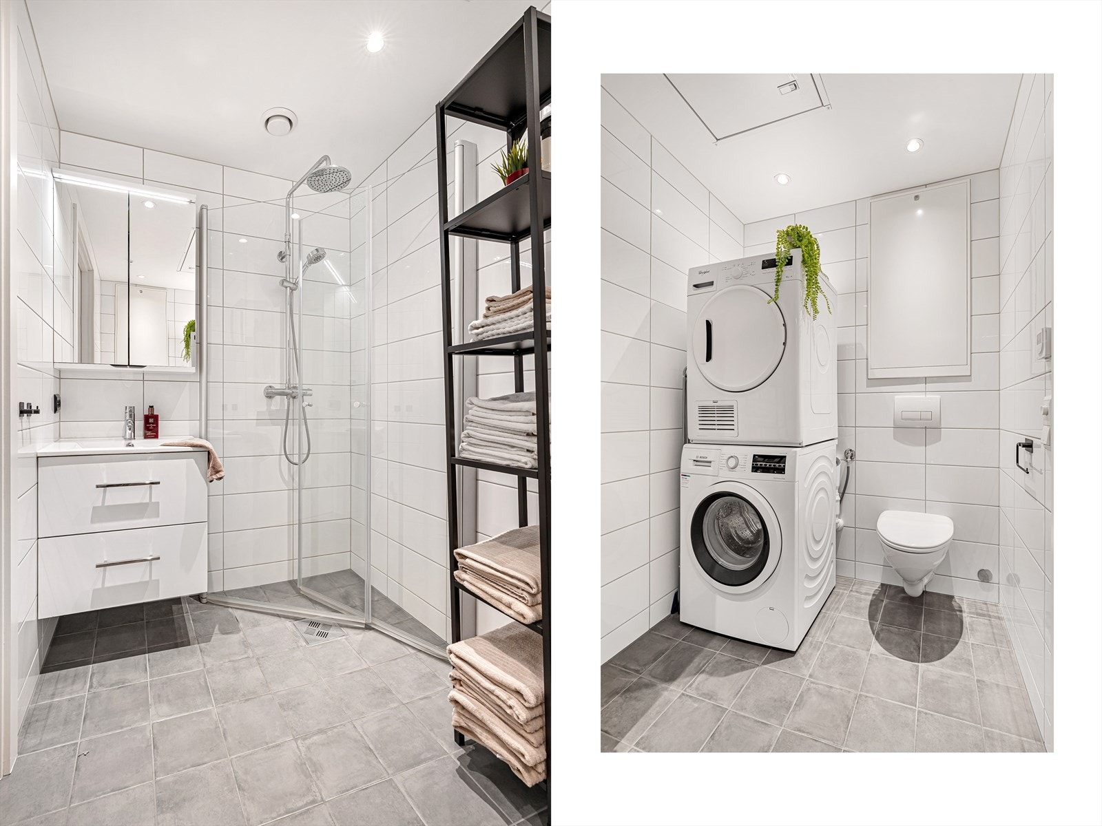 Badet er helfliset og inneholder alt du behøver som en innfellbar dusjnisje med regndusj, baderomsinnredning med speilskap over, vegghengt toalett, samt plass og opplegg for vaskemaskin/tørketrommel. Galleribilde