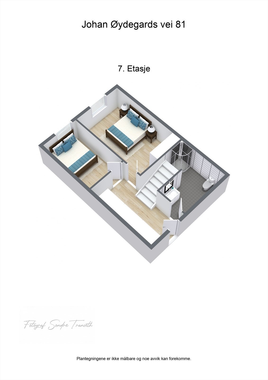 Planløsning 7.etg.: entre/mellomgang, 2 stk. soverom, samt bad/vaskerom. I tillegg medfølger det hele 3 stk. boder i henholdsvis 5. etg., og to stk. i 1.etg. Galleribilde