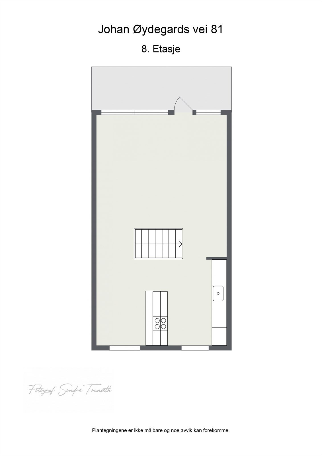 Planløsning 8. etg.: stor åpen stue/kjøkkenløsning med tilkomst til balkong. Galleribilde