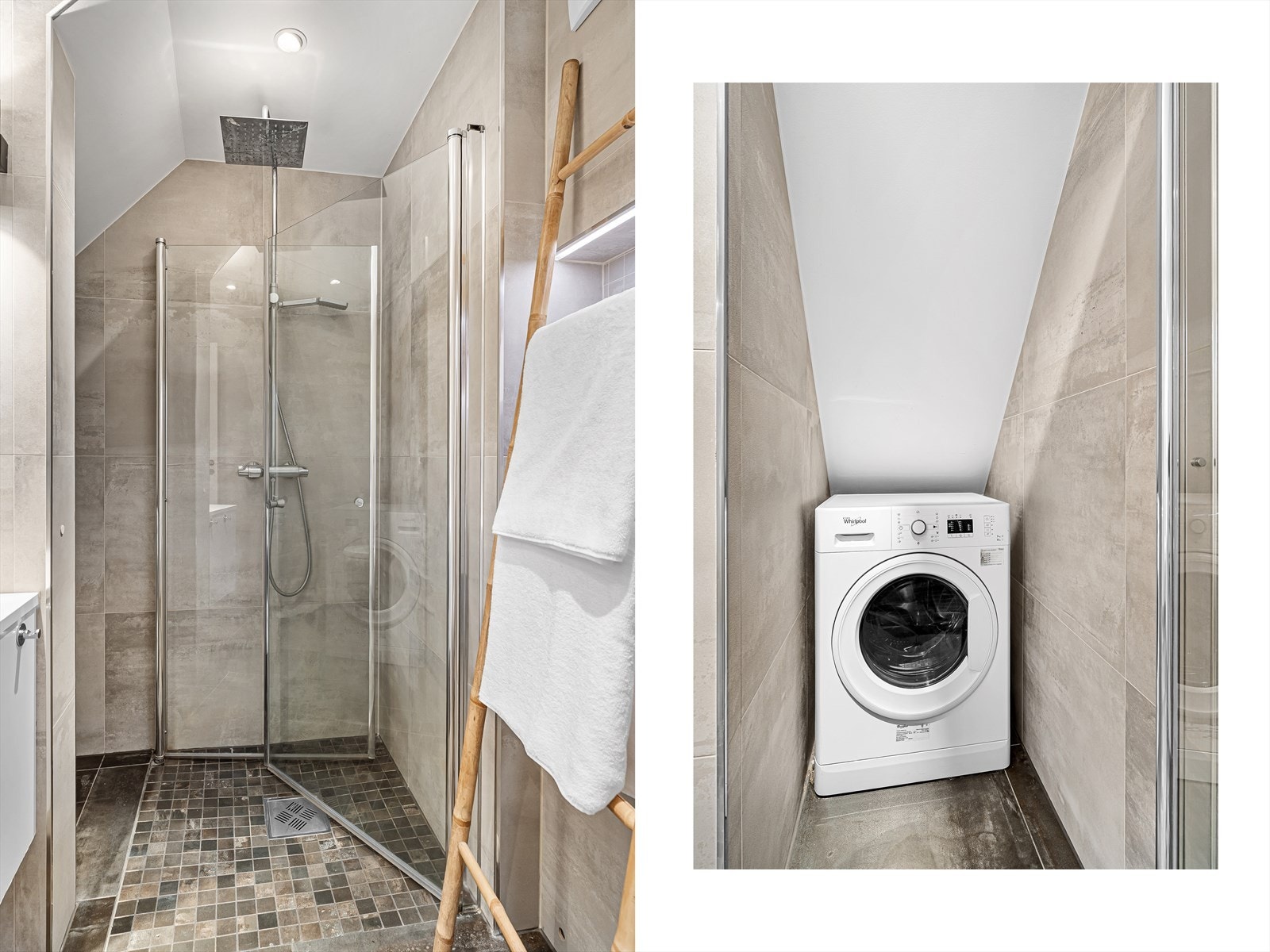Rommet under trappen er godt utnyttet, hvor det er flislagt og lagt opp strøm og vann til vaskemaskin. Den er så og si nesten skjult fra badet ellers. Smart løsning! Galleribilde