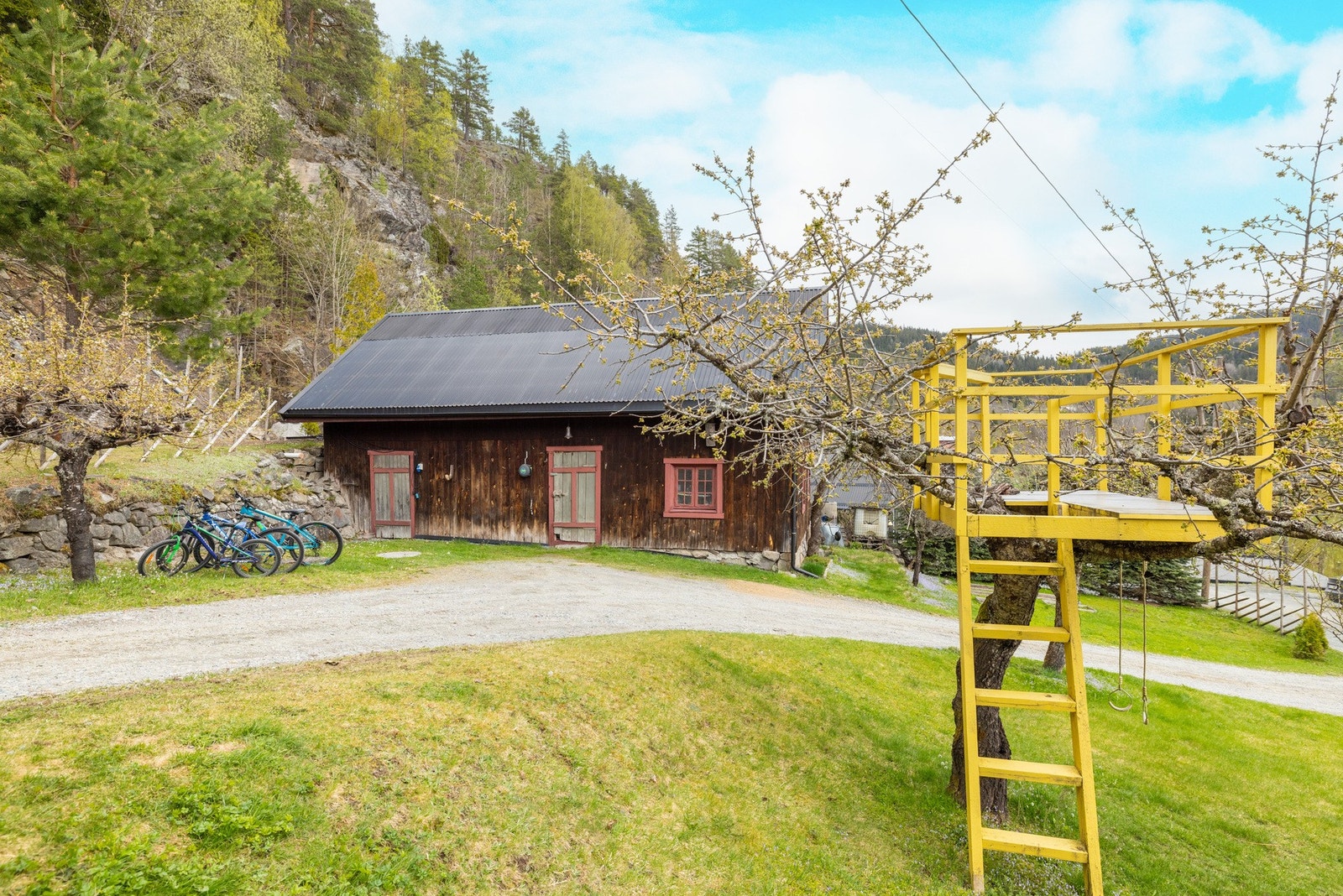 Tun med frukttrær og trehytte Galleribilde