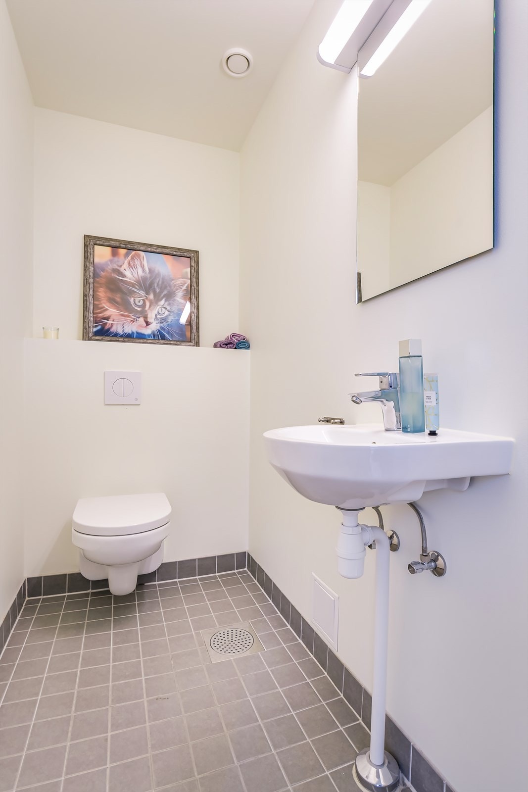 Praktisk gjestetoalett med varmekabler i gulvet, servant og toalett Galleribilde